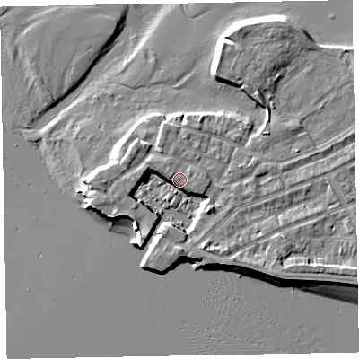 Shaded relief map of the ground around EX81XP, computed from Environment Agency LiDAR. The ground here sits at about 4 m above sea level and falls 7 m across the surrounding 800 m. The ground contributing surface water to this point lies to the north-west.