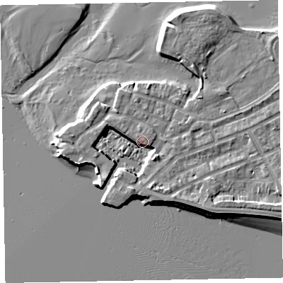 Shaded relief map of the ground around EX81XR, computed from Environment Agency LiDAR. The ground here sits at about 4 m above sea level and falls 7 m across the surrounding 800 m. Surface water reaching this point runs off ground lying to the south-east, 6.0 m higher.