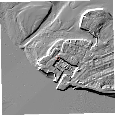 Shaded relief map of the ground around EX81XS, computed from Environment Agency LiDAR. The ground here sits at about 4 m above sea level and falls 7 m across the surrounding 800 m. Surface water reaching this point runs off ground lying to the west-south-west, 1.2 m higher.