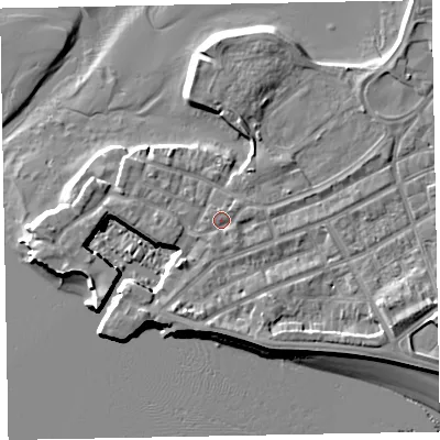 Shaded relief map of the ground around EX81XT, computed from Environment Agency LiDAR. The ground here sits at about 4 m above sea level and falls 8 m across the surrounding 800 m. Surface water reaching this point runs off ground lying to the south-east, 0.9 m higher.