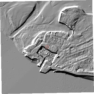 Shaded relief map of the ground around EX81XU, computed from Environment Agency LiDAR. The ground here sits at about 4 m above sea level and falls 7 m across the surrounding 800 m. Surface water reaching this point runs off ground lying to the south-south-east, 5.1 m higher.