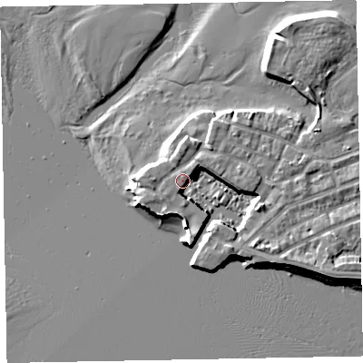Shaded relief map of the ground around EX81XW, computed from Environment Agency LiDAR. The ground here sits at about 4 m above sea level and falls 7 m across the surrounding 800 m. Surface water reaching this point runs off ground lying to the north, 5.5 m higher.