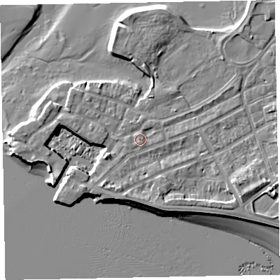 Shaded relief map of the ground around EX81XX, computed from Environment Agency LiDAR. The ground here sits at about 4 m above sea level and falls 9 m across the surrounding 800 m. Surface water reaching this point runs off ground lying to the south-east, 1.3 m higher.