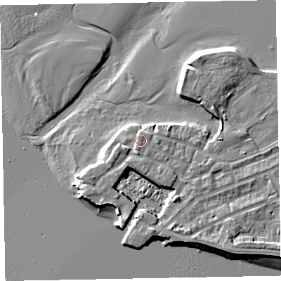Shaded relief map of the ground around EX81XY, computed from Environment Agency LiDAR. The ground here sits at about 4 m above sea level and falls 7 m across the surrounding 800 m. Surface water reaching this point runs off ground lying to the south-west, 1.7 m higher.