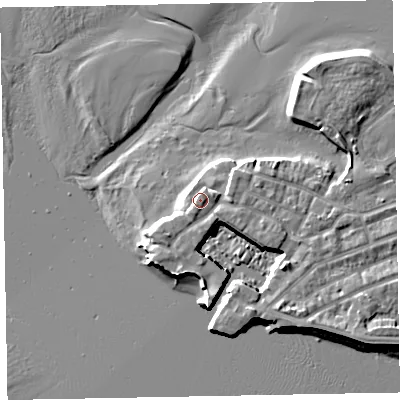 Shaded relief map of the ground around EX81XZ, computed from Environment Agency LiDAR. The ground here sits at about 4 m above sea level and falls 7 m across the surrounding 800 m. Surface water reaching this point runs off ground lying to the south-west, 1.9 m higher.