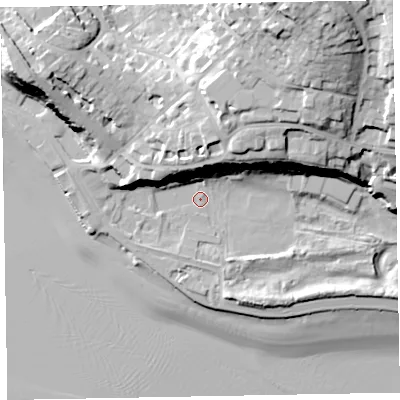 Shaded relief map of the ground around EX82AY, computed from Environment Agency LiDAR. The ground here sits at about 4 m above sea level and falls 36 m across the surrounding 800 m. Surface water reaching this point runs off ground lying to the north-north-east, 31.1 m higher.