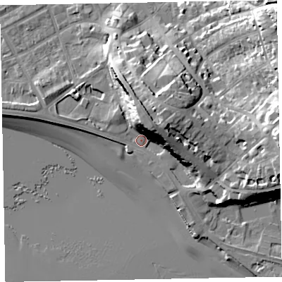 Shaded relief map of the ground around EX82AZ, computed from Environment Agency LiDAR. The ground here sits at about 5 m above sea level and falls 30 m across the surrounding 800 m. Surface water reaching this point runs off ground lying to the north, 17.2 m higher.