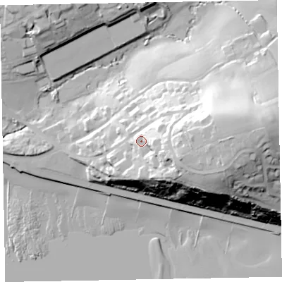 Shaded relief map of the ground around EX82DF, computed from Environment Agency LiDAR. The ground here sits at about 27 m above sea level and falls 54 m across the surrounding 800 m. Surface water reaching this point runs off ground lying to the east-south-east, 17.8 m higher.