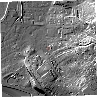 Shaded relief map of the ground around EX82FB, computed from Environment Agency LiDAR. The ground here sits at about 4 m above sea level and falls 39 m across the surrounding 800 m. Surface water reaching this point runs off ground lying to the east, 31.6 m higher.