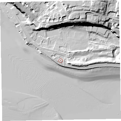 Shaded relief map of the ground around EX82GD, computed from Environment Agency LiDAR. The ground here sits at about 5 m above sea level and falls 28 m across the surrounding 800 m. Surface water reaching this point runs off ground lying to the south-east, 1.2 m higher.