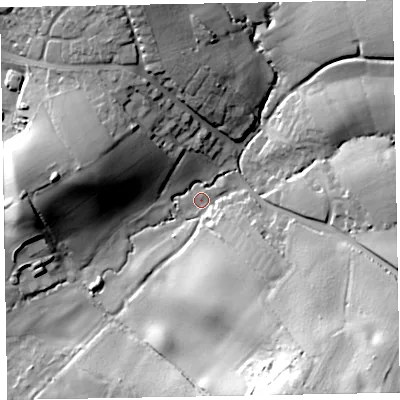 Shaded relief map of the ground around EX82RL, computed from Environment Agency LiDAR. The ground here sits at about 33 m above sea level and falls 49 m across the surrounding 800 m. Surface water reaching this point runs off ground lying to the south-east, 39.5 m higher.