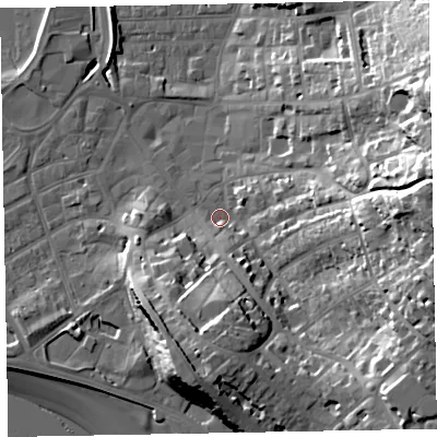 Shaded relief map of the ground around EX82RY, computed from Environment Agency LiDAR. The ground here sits at about 4 m above sea level and falls 37 m across the surrounding 800 m. Surface water reaching this point runs off ground lying to the east, 31.4 m higher.