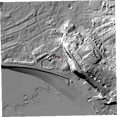 Shaded relief map of the ground around EX82SW, computed from Environment Agency LiDAR. The ground here sits at about 3 m above sea level and falls 23 m across the surrounding 800 m. Surface water reaching this point runs off ground lying to the east-south-east, 17.7 m higher.