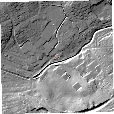Shaded relief map of the ground around EX83AB, computed from Environment Agency LiDAR. The ground here sits at about 7 m above sea level and falls 38 m across the surrounding 800 m. Surface water reaching this point runs off ground lying to the north-north-east, 3.6 m higher.