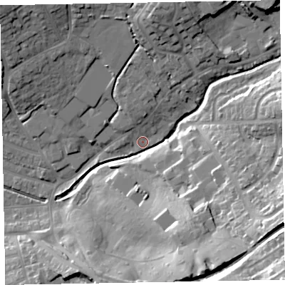 Shaded relief map of the ground around EX83AD, computed from Environment Agency LiDAR. The ground here sits at about 7 m above sea level and falls 42 m across the surrounding 800 m. Surface water reaching this point runs off ground lying to the east-south-east, 31.8 m higher.