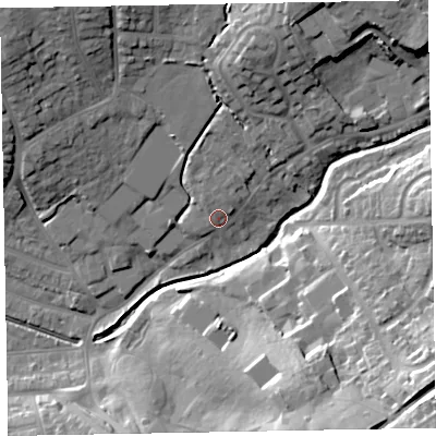 Shaded relief map of the ground around EX83AE, computed from Environment Agency LiDAR. The ground here sits at about 10 m above sea level and falls 35 m across the surrounding 800 m. Surface water reaching this point runs off ground lying to the north, 2.2 m higher.