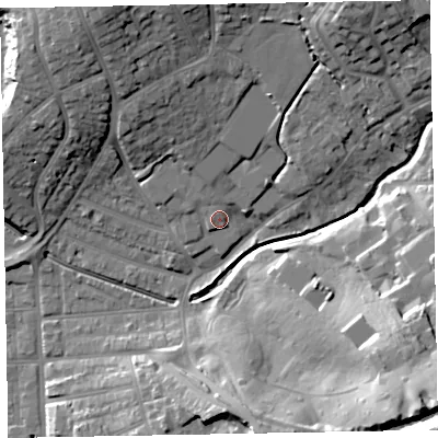 Shaded relief map of the ground around EX83AF, computed from Environment Agency LiDAR. The ground here sits at about 8 m above sea level and falls 37 m across the surrounding 800 m. Surface water reaching this point runs off ground lying to the north-north-west, 18.3 m higher.