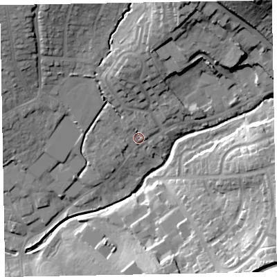Shaded relief map of the ground around EX83AG, computed from Environment Agency LiDAR. The ground here sits at about 12 m above sea level and falls 38 m across the surrounding 800 m. Surface water reaching this point runs off ground lying to the north-north-west, 4.0 m higher.