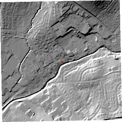Shaded relief map of the ground around EX83AN, computed from Environment Agency LiDAR. The ground here sits at about 12 m above sea level and falls 43 m across the surrounding 800 m. Surface water reaching this point runs off ground lying to the north, 16.1 m higher.