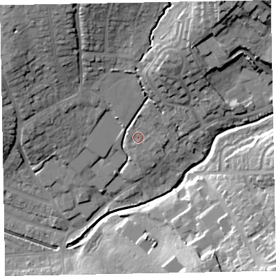 Shaded relief map of the ground around EX83AR, computed from Environment Agency LiDAR. The ground here sits at about 12 m above sea level and falls 32 m across the surrounding 800 m. Surface water reaching this point runs off ground lying to the north, 2.5 m higher.