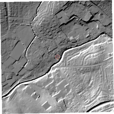 Shaded relief map of the ground around EX83AY, computed from Environment Agency LiDAR. The ground here sits at about 10 m above sea level and falls 45 m across the surrounding 800 m. Surface water reaching this point runs off ground lying to the north-north-east, 4.2 m higher.