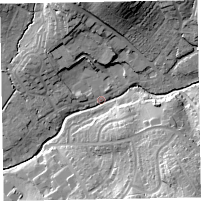 Shaded relief map of the ground around EX83BA, computed from Environment Agency LiDAR. The ground here sits at about 14 m above sea level and falls 49 m across the surrounding 800 m. Surface water reaching this point runs off ground lying to the north-north-east, 40.9 m higher.