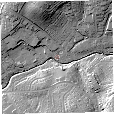 Shaded relief map of the ground around EX83BD, computed from Environment Agency LiDAR. The ground here sits at about 18 m above sea level and falls 50 m across the surrounding 800 m. Surface water reaching this point runs off ground lying to the north-north-west, 36.4 m higher.