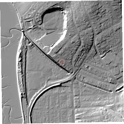 Shaded relief map of the ground around EX83DR, computed from Environment Agency LiDAR. The ground here sits at about 10 m above sea level and falls 25 m across the surrounding 800 m. Surface water reaching this point runs off ground lying to the north-north-east, 11.1 m higher.