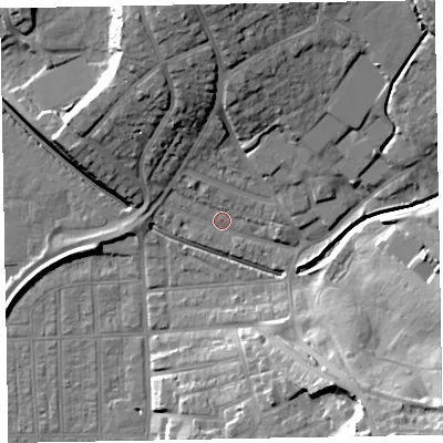 Shaded relief map of the ground around EX83DT, computed from Environment Agency LiDAR. The ground here sits at about 4 m above sea level and falls 26 m across the surrounding 800 m. Surface water reaching this point runs off ground lying to the north-west, 2.8 m higher.