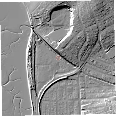 Shaded relief map of the ground around EX83EF, computed from Environment Agency LiDAR. The ground here sits at about 3 m above sea level and falls 25 m across the surrounding 800 m. Surface water reaching this point runs off ground lying to the north-north-east, 10.5 m higher.
