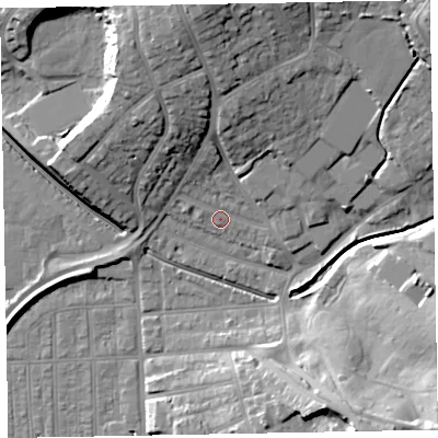Shaded relief map of the ground around EX83HJ, computed from Environment Agency LiDAR. The ground here sits at about 6 m above sea level and falls 24 m across the surrounding 800 m. Surface water reaching this point runs off ground lying to the north, 5.9 m higher.