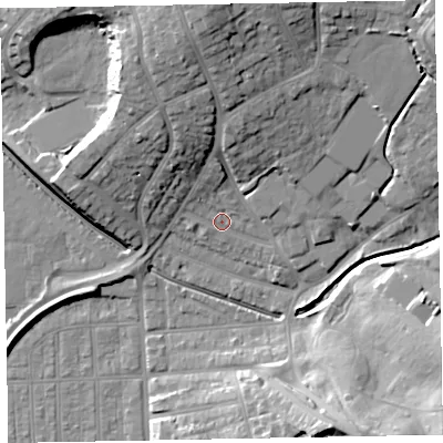 Shaded relief map of the ground around EX83HL, computed from Environment Agency LiDAR. The ground here sits at about 6 m above sea level and falls 24 m across the surrounding 800 m. Surface water reaching this point runs off ground lying to the north, 5.2 m higher.
