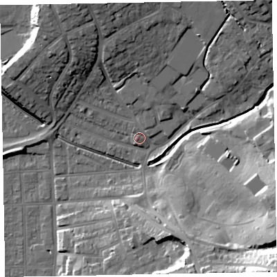Shaded relief map of the ground around EX83HN, computed from Environment Agency LiDAR. The ground here sits at about 6 m above sea level and falls 41 m across the surrounding 800 m. Surface water reaching this point runs off ground lying to the south-east, 38.7 m higher.