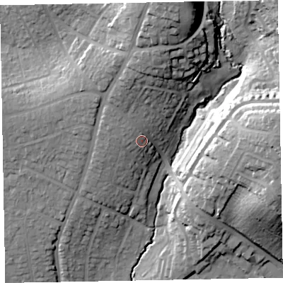 Shaded relief map of the ground around EX83LE, computed from Environment Agency LiDAR. The ground here sits at about 37 m above sea level and falls 43 m across the surrounding 800 m. Surface water reaching this point runs off ground lying to the north-north-west, 10.0 m higher.
