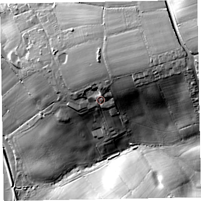 Shaded relief map of the ground around EX83NZ, computed from Environment Agency LiDAR. The ground here sits at about 33 m above sea level and falls 54 m across the surrounding 800 m. Surface water reaching this point runs off ground lying to the north-east, 17.8 m higher.