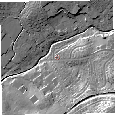 Shaded relief map of the ground around EX83QU, computed from Environment Agency LiDAR. The ground here sits at about 15 m above sea level and falls 57 m across the surrounding 800 m. Surface water reaching this point runs off ground lying to the east-south-east, 28.7 m higher.