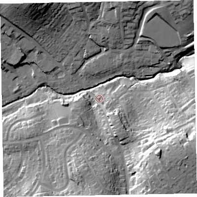 Shaded relief map of the ground around EX84BB, computed from Environment Agency LiDAR. The ground here sits at about 24 m above sea level and falls 51 m across the surrounding 800 m. Surface water reaching this point runs off ground lying to the south-east, 42.1 m higher.