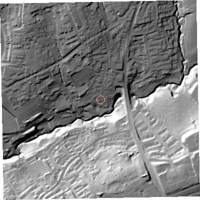 Shaded relief map of the ground around EX84BU, computed from Environment Agency LiDAR. The ground here sits at about 34 m above sea level and falls 56 m across the surrounding 800 m. Surface water reaching this point runs off ground lying to the north, 26.1 m higher.