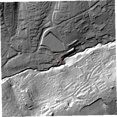 Shaded relief map of the ground around EX84FA, computed from Environment Agency LiDAR. The ground here sits at about 26 m above sea level and falls 56 m across the surrounding 800 m. Surface water reaching this point runs off ground lying to the north, 24.1 m higher.