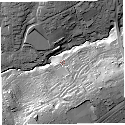 Shaded relief map of the ground around EX84RW, computed from Environment Agency LiDAR. The ground here sits at about 36 m above sea level and falls 55 m across the surrounding 800 m. Surface water reaching this point runs off ground lying to the south-south-east, 18.0 m higher.