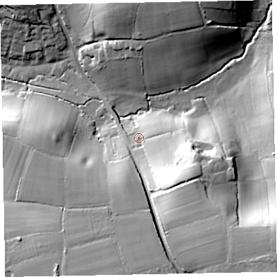 Shaded relief map of the ground around EX85AF, computed from Environment Agency LiDAR. The ground here sits at about 25 m above sea level and falls 57 m across the surrounding 800 m. Surface water reaching this point runs off ground lying to the south-east, 30.9 m higher.