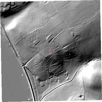 Shaded relief map of the ground around EX85AN, computed from Environment Agency LiDAR. The ground here sits at about 23 m above sea level and falls 35 m across the surrounding 800 m. Surface water reaching this point runs off ground lying to the north-east, 8.4 m higher.