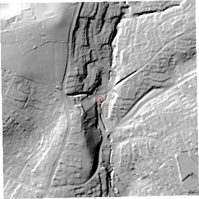 Shaded relief map of the ground around EX85BL, computed from Environment Agency LiDAR. The ground here sits at about 45 m above sea level and falls 48 m across the surrounding 800 m. Surface water reaching this point runs off ground lying to the north-north-west, 39.3 m higher.