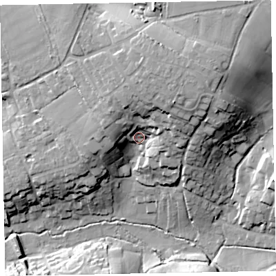 Shaded relief map of the ground around EX85BQ, computed from Environment Agency LiDAR. The ground here sits at about 19 m above sea level and falls 40 m across the surrounding 800 m. Surface water reaching this point runs off ground lying to the north-north-east, 20.0 m higher.