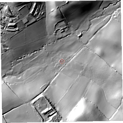 Shaded relief map of the ground around EX85DB, computed from Environment Agency LiDAR. The ground here sits at about 25 m above sea level and falls 53 m across the surrounding 800 m. Surface water reaching this point runs off ground lying to the south-south-east, 44.0 m higher.