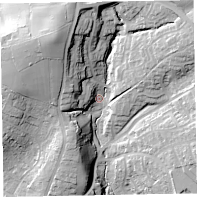Shaded relief map of the ground around EX85DJ, computed from Environment Agency LiDAR. The ground here sits at about 47 m above sea level and falls 46 m across the surrounding 800 m. Surface water reaching this point runs off ground lying to the north-west, 36.5 m higher.