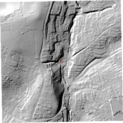 Shaded relief map of the ground around EX85DP, computed from Environment Agency LiDAR. The ground here sits at about 46 m above sea level and falls 47 m across the surrounding 800 m. Surface water reaching this point runs off ground lying to the north-west, 25.0 m higher.