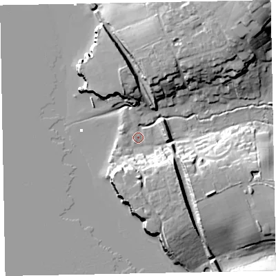 Shaded relief map of the ground around EX85ER, computed from Environment Agency LiDAR. The ground here sits at about 3 m above sea level and falls 29 m across the surrounding 800 m. Surface water reaching this point runs off ground lying to the north-east, 27.4 m higher.
