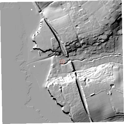 Shaded relief map of the ground around EX85ES, computed from Environment Agency LiDAR. The ground here sits at about 3 m above sea level and falls 33 m across the surrounding 800 m. Surface water reaching this point runs off ground lying to the north-east, 27.4 m higher.