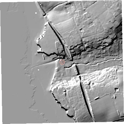 Shaded relief map of the ground around EX85ET, computed from Environment Agency LiDAR. The ground here sits at about 3 m above sea level and falls 33 m across the surrounding 800 m. Surface water reaching this point runs off ground lying to the north, 7.1 m higher.